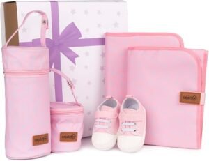 Canastilla Bebé Recién Nacido - Cesta regalo para bebe recién nacido compuesta por Caja regalo, Portadocumentos, Cambiador, Porta biberones, Porta chupetes y Zapatillas para bebé
